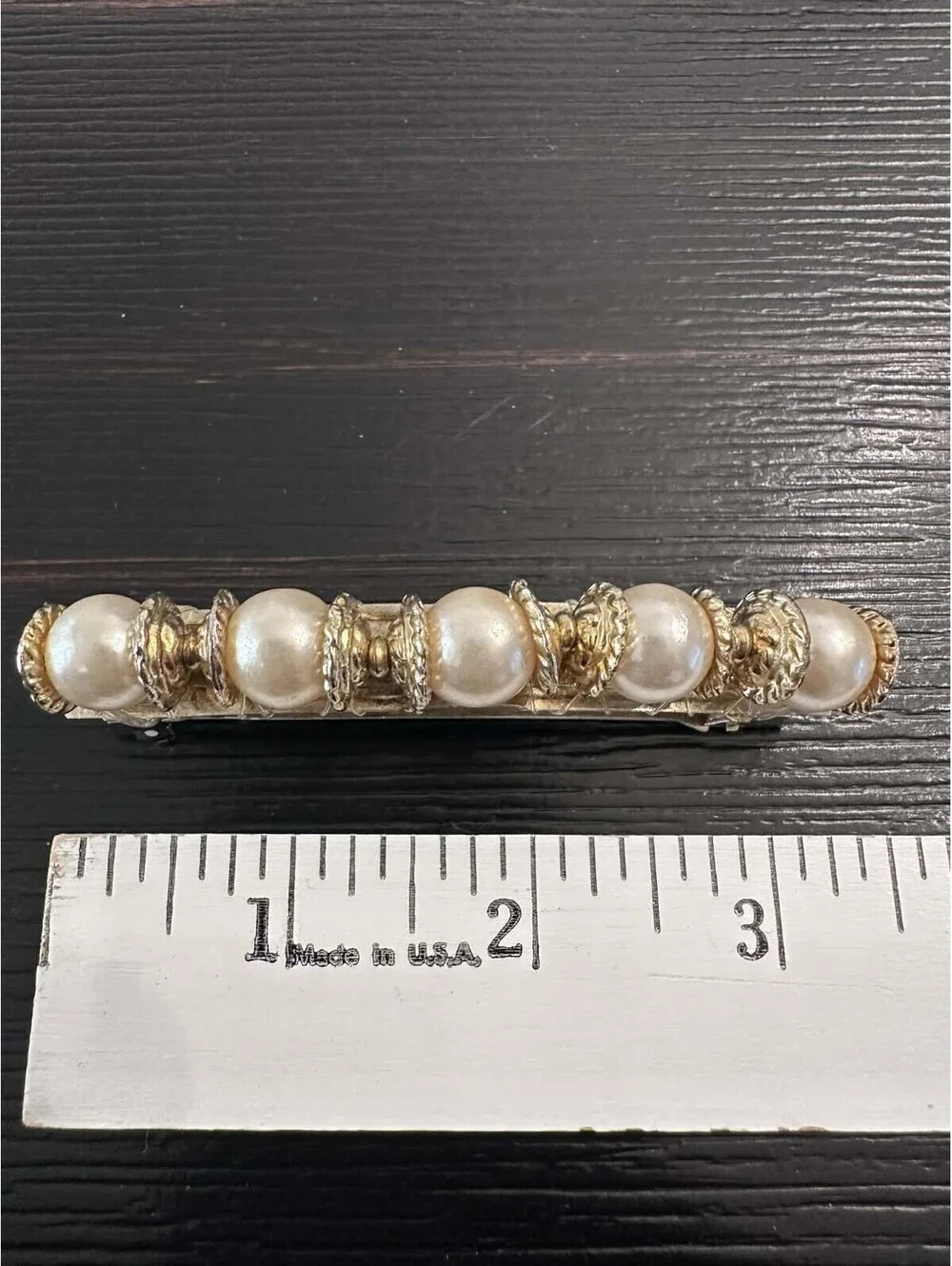Vintage Faux Pearl Gold Tone Barrette White Beaded Hair Clip Gold Spacers EUC